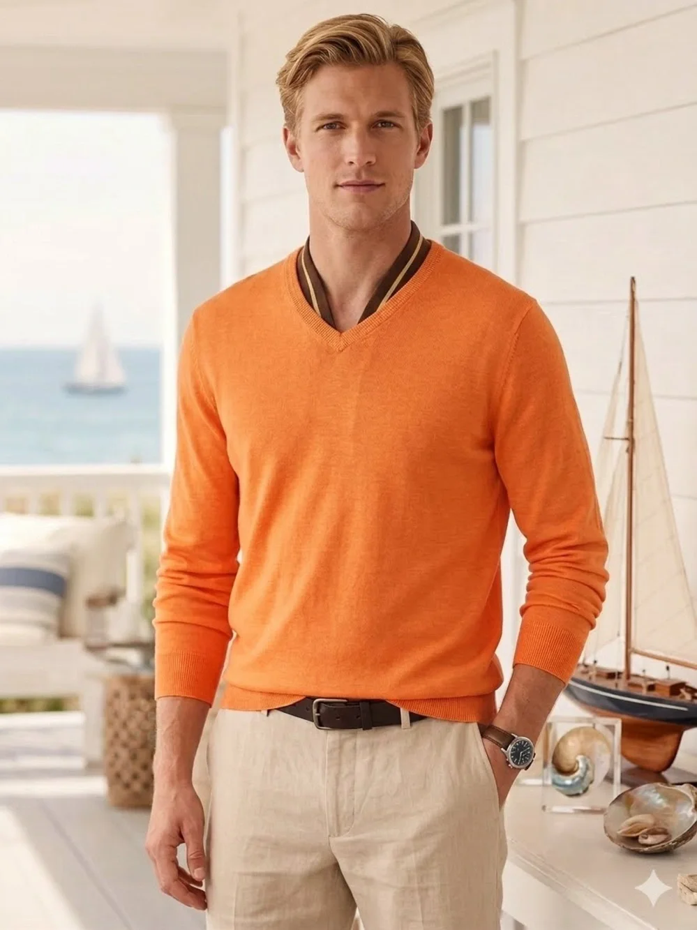 Banana Republic Men's Size L Bright Orange Linen Silk V-Neck Pullover Sweater